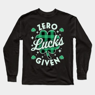 Zero Lucks Given Funny St Patricks Day Green Plaid Shamrock Long Sleeve T-Shirt